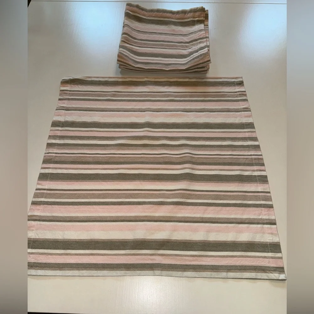 West Elm linen Pink/Taupe/White striped napkins or place settings.